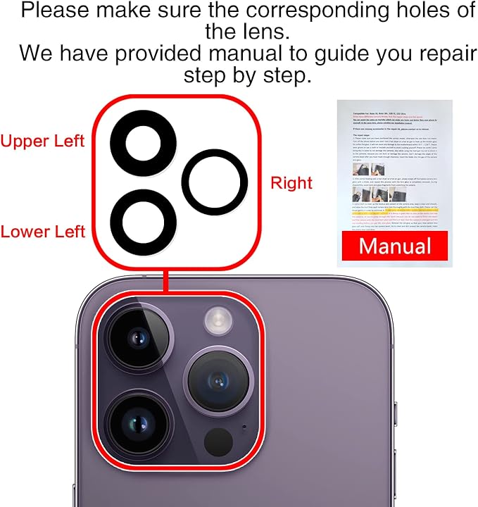 ASDAWN Back Rear Camera Lens Glass Replacement for iPhone 14 Pro 6.1 Inches with Pre-Installed Adhesive, ASDAWN Back Camera Lens Glass kit with Installation Manual + Repair Tool Set