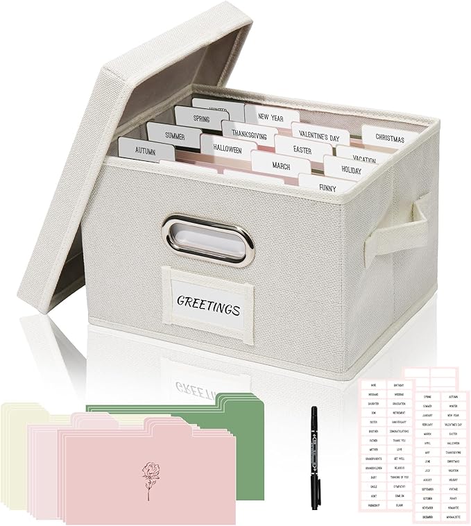 Hiwhy Greeting Card Storage Box, Linen Storage Box with 16 Adjustable Dividers, 84 Labels, 1 Marker Pen, Perfect for Organizing Greeting Cards, Envelopes, Photos 1 Pack Ivory