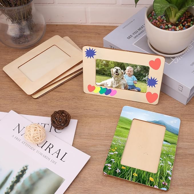 kukmakri 35 PCS Unfinished Wooden Picture Frames Set with 3.54 x 5.12 inch Photos, Wooden Frames for Crafts, Standing Postcard & Photos Picture Frame Set-Suitable for Crafts DIY, Souvenir Decoration