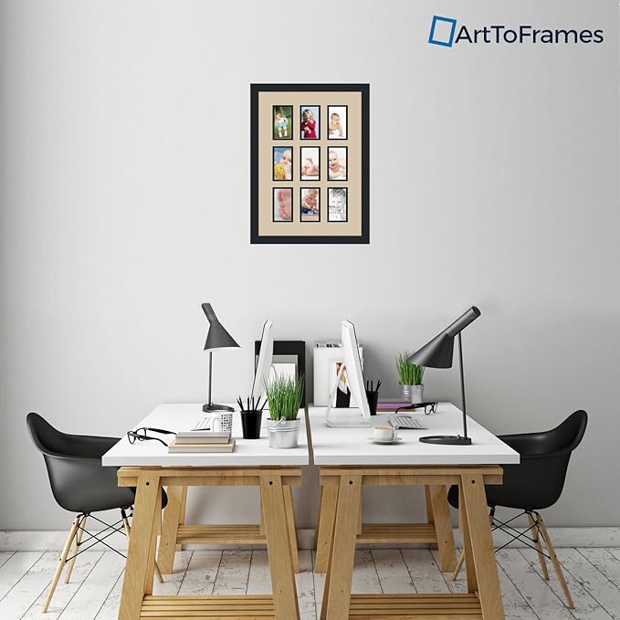 ArtToFrames Collage Photo Frame Double Mat with 9-3x5 Openings and Satin Black Frame