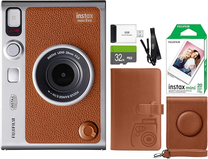 FUJIFILM INSTAX Mini EVO Hybrid Instant Camera Brown + Fuji Instax Film 20 Sheet + Custom Case & Album 32GB Micro SD Memory Card Accessory Bundle