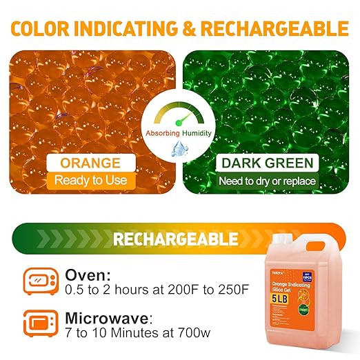 5 LBS Orange Indicating Silica Gel Desiccant Beads,(Industry Standard 3-5 mm) Rechargeable Silica Gel Beads for 3D Filament, Electronic Devices, Camera, Jewelry, Safe(15PCS Organza Bag)