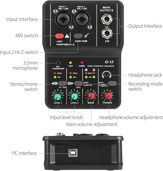 XTUGA USB Audio Interface for PC,Interface for Recording Music Computer Recording Audio Interface XLR with 3.55m Microphone Jack, USB Sound Card for Recording Studio, Ultra-low Latency Plug&Play, Q-12