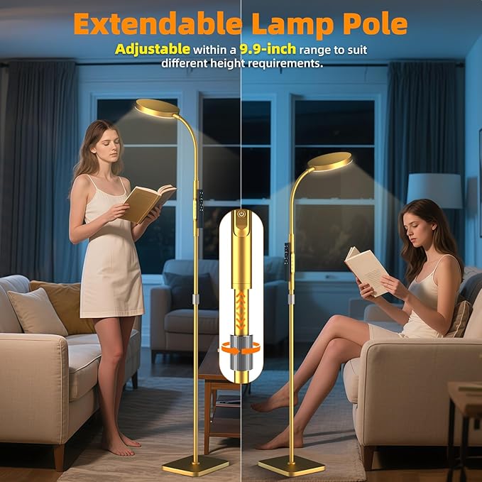 Floor Lamp, Adjustable Height Floor Lamps for Living Room Bedroom, 120 LED Super Bright Standing Lamp Remote & Touch Control Dimmable Gooseneck Tall Stand Reading Lamp for Office Craft, Gold