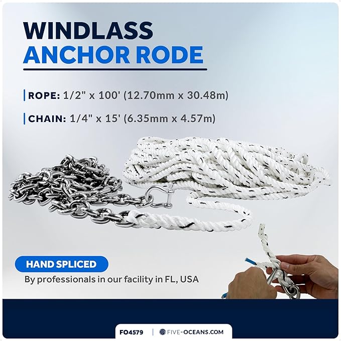 Five Oceans Windlass Anchor Rode, Hand-Spliced Anchor Rope and Chain Combination Kit, Nylon 3-Strand Rope, HT G4 Stainless Steel Chain for Boat Anchor System - Multiple Sizes