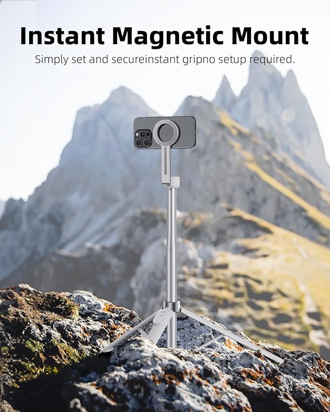 TODI 65" Magnetic Tripod for iPhone with Remote, Selfie Stick for iPhone Magsafe, Cell Phone Tripod Stand for Recording, Travel Tripod Compatible with 16/15/14/13/12 Series (White Sliver)