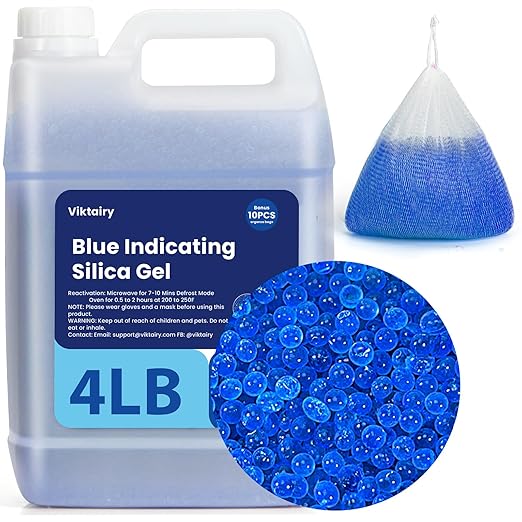 4LBS Desiccant Beads, Premium Blue Indicating Reusable Silica Gel Beads Bulk, Industry Standard 3-5 mm Desiccant Dehumidifier for 3D Filament, Electronic Devices, Camera, Documents, Safe (10PCS Bags