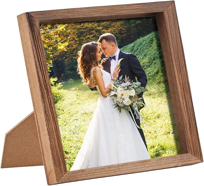 8 x 8 Brown Picture Frame Solid Wood with HD Glass Square Horizontal & Vertical Formats for Wall Mounting or Tabletop Display Gift Family Office Wedding Home Gallery Country Farmhouse Collage Decor