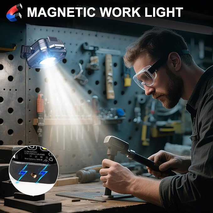 Rechargeable Magnetic Work Light, 500 Lumens Floodlight 1200 mAh LED Portable Lamp, 2.9 Oz Mini Supersmall for Emergency Nighttime Auto Repair, Birthday Gifts for Husband and Father, Grey