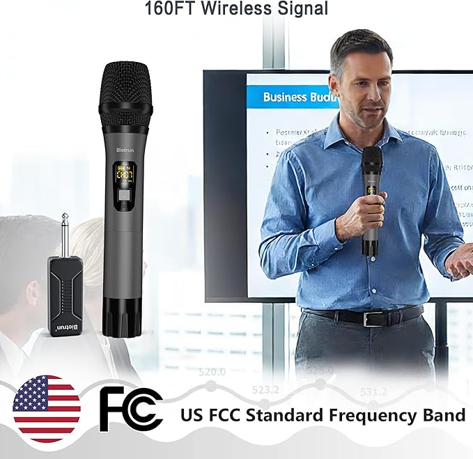 Bietrun Wireless Microphone Only for Mic Input, UHF Metal Dynamic Handheld Multipurpose Mic with Rechargeable Receiver (Work 4hs), 160ft Range, for Karaoke Machine, Amplifier Speaker, Mixer, Church
