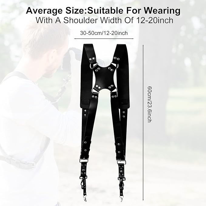 Double Camera Strap, Shoulder Camera Strap Harness Leather Dual Camera Strap for Two DSLR/SLR Cameras, Adjustable