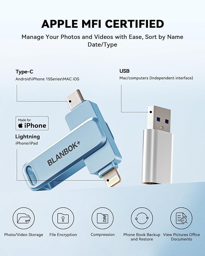 MFi Certified 512GB iPhone Photo Stick, USB Flash Drive for Photo/Video Backup, High-Speed Thumb Drive Compatible for iPhone/iPad/Android/PC (Blue)