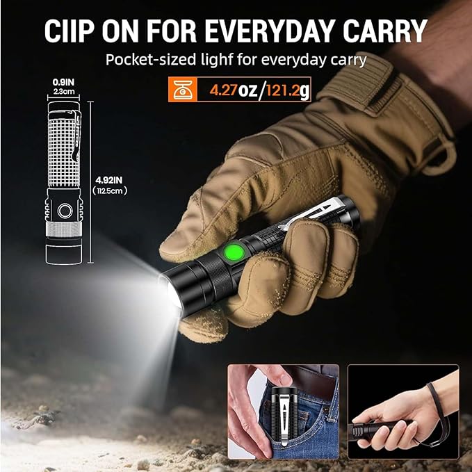 Pocket EDC Flashlight Rechargeable - 4.9inch & Emergency One Click SOS, Super Bright Small LED Flashlight 3Hr USB-C Fast Charging, Waterproof Portable Small EDC Flashlight for Home, Camping, Hiking
