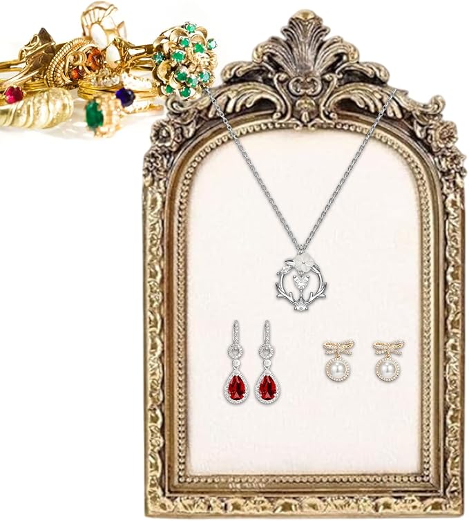 Vintage Jewelry Display Frame - Resin Vintage Photo Frame, Shabby Chic Jewelry Stand | Velvet Backing Handmade Necklace Organizer, Antique Style Earring Holder For Women Girls Bedroom Dresser Table