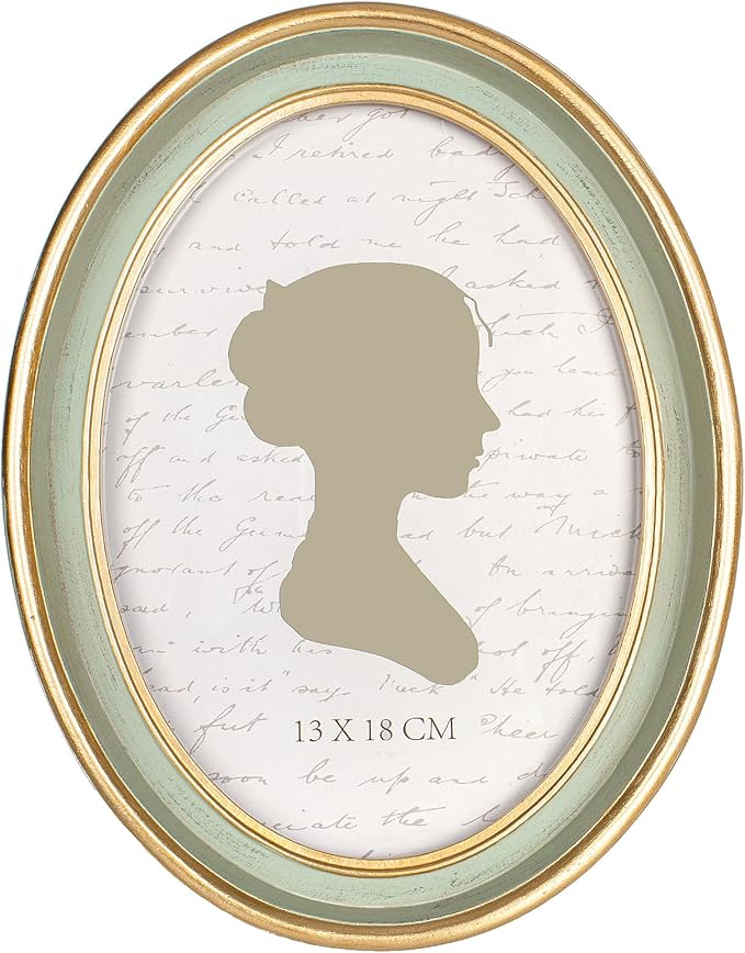 AELS 5x7 Inch Vintage Picture Frame, Elegant Antique Photo Frames with Glass Front, Photo Display, Tabletop Wall Hanging, Gift Ideas, Oval Sage Green with Gold Trim