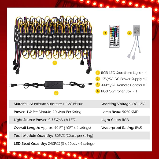 Dyna-Living 40FT LED Strip Lights for Store Front RGB LED Window Light for Business 80PCS 3-LED 5050 SMD RGB Module IP65 Waterproof Commercial Storefront Light for Store Decor (4 Packs-Black)