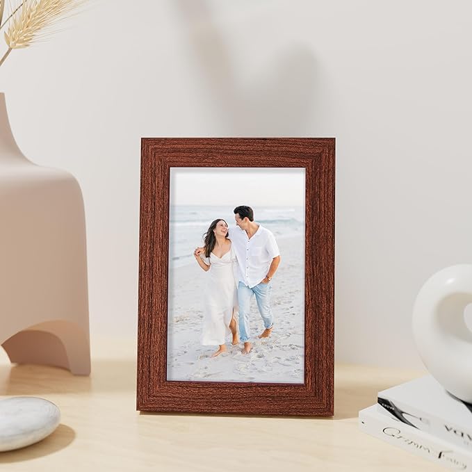 Vittanly 4x6 Picture Frame, Made of Solid Wood and Shatterproof Plexiglass, Wooden Photo Frame for Wall Mounting or Tabletop Display, Picture Frame for Home Decor with Stand, Brown, 1 Pack
