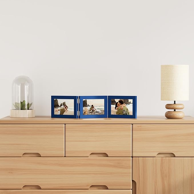 decorUhome Triple 7x5 Picture Frame Horizontal, Engineered Wood Trifold Photo Frame with Plexiglass for Tabletop Display, 7x5, Royal Blue