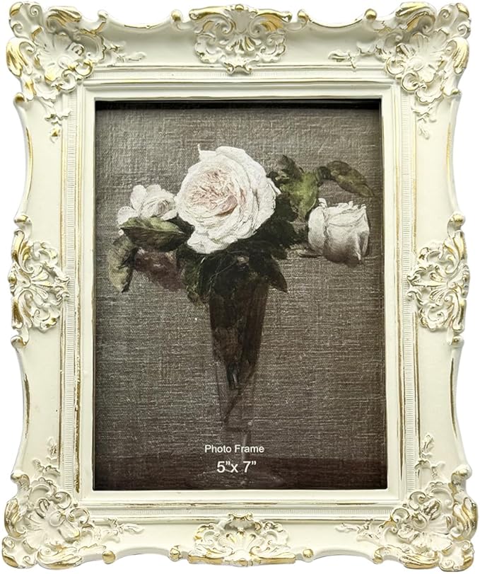 CISOO 5x7 Vintage Picture Frame Antique Ornate White with Gold Photo Frame, for Table Top and Wall Display, Decorative Floral Design Retro Home Decor, Photo Gallery Art