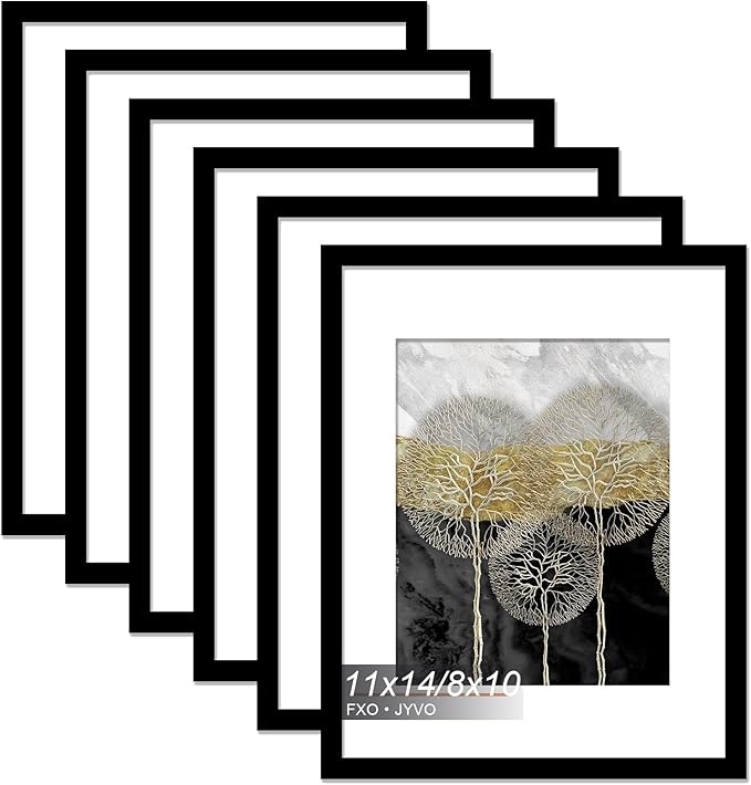 11x14 Picture Frame Set of 6, Display Photo 8x10 with Mat or 11 x 14 Without Mat, Light Weight and High Transparent 11 by 14 Frame for Wall - 6 Pack/Black/11 x14