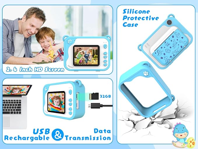 Kids Camera Instant Print, Dinosaur Instant Print Camera for Kids with 1080P Video, 32GB SD Card, 240 Photos, Christmas Birthday Gifts for Boys Girls Ages 3-12 (Blue)