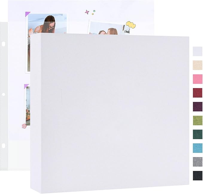 Mublalbum 10x10 Inch Large 3 Ring DIY Scrapbook Photo Album with 20 Plastic Sleeves 40 Pages Linen Cover Folder Binder for Baby Travel Wedding Anniversary and DIY Projects (White)