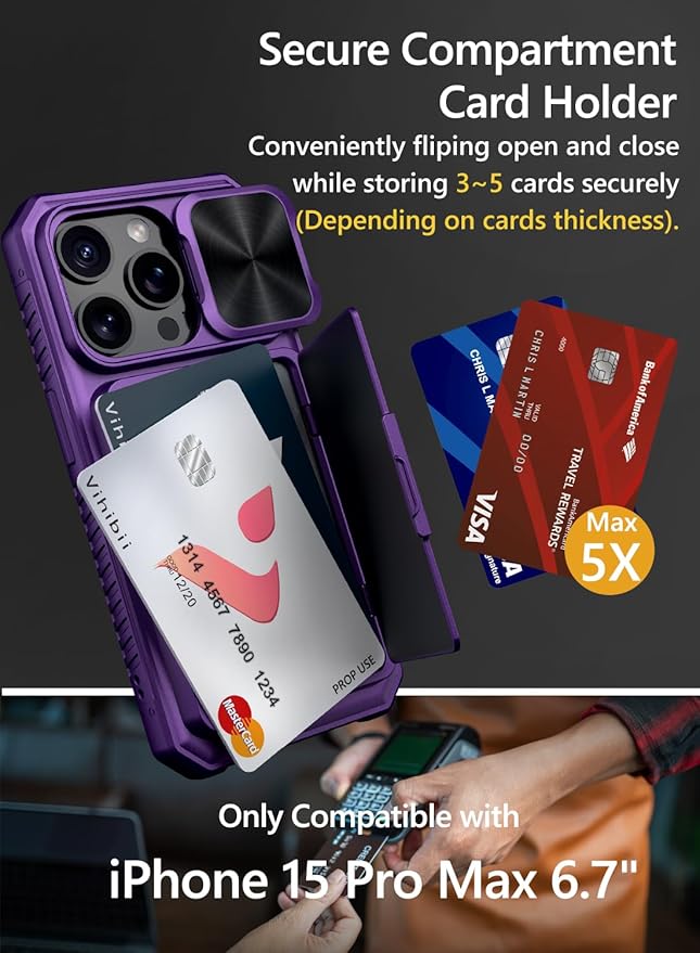 Vihibii for iPhone 15 Pro Wallet Case with Card Holder (4 Cards) & Slide Camera Cover & Kickstand & Raised Edges Protection, Shockproof Rugged Phone Cover for iPhone 15 Pro 5G 6.1" 2023, Dark Purple