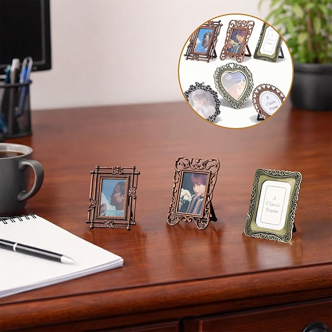 6 Pack Mini Vintage Picture Frame Tiny Metal DIY Photo Frames Wallet Size Picture Frames Tiny Metal Pictures Frame Irregular Size for Tabletop and Wall Display