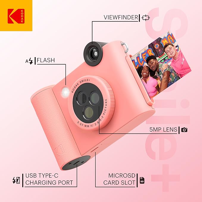 Kodak Smile+ 2-in-1 Digital Instant Print Camera & Photo Printer Gift Bundle + Case + Zink 2x3 Sticky Back Photo Paper 20pk + Album + Sticker Sets + Sticker Frames + Hanging Frames + Markers - Pink