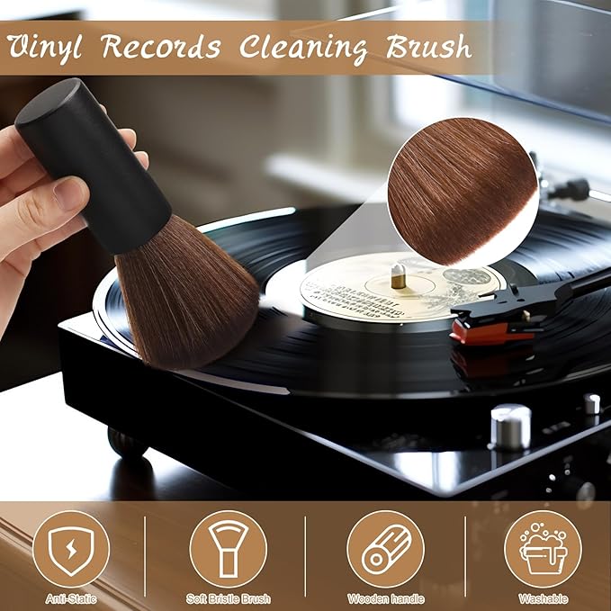 3 Pcs Vinyl Record Cleaning Brush Wooden Anti Static Dust Record Vinyl Cleaner Kit Player Accessories Gift for Music Lovers(Black)