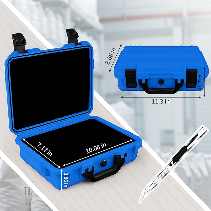 Relaxweex 1 Pcs 11.3 x 8.7 x 4.2 Inch Waterproof Hard Case with DIY Customizable Foam Insert Portable Protective Case with Knife for Camera Drones Equipments Tools Test Instruments (Blue)