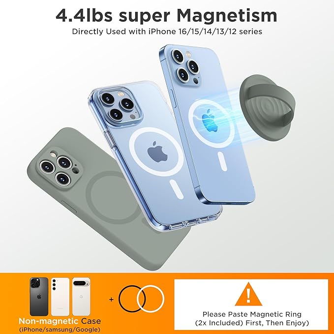 Upgraded Magnetic Phone Grip, Liquid Silicone Soft and Portable, Removable Finger Loop Ring Grip Holder for iPhone, Strong Magnetic Attraction, Compatible with MagSafe Phone Case, Calke Green