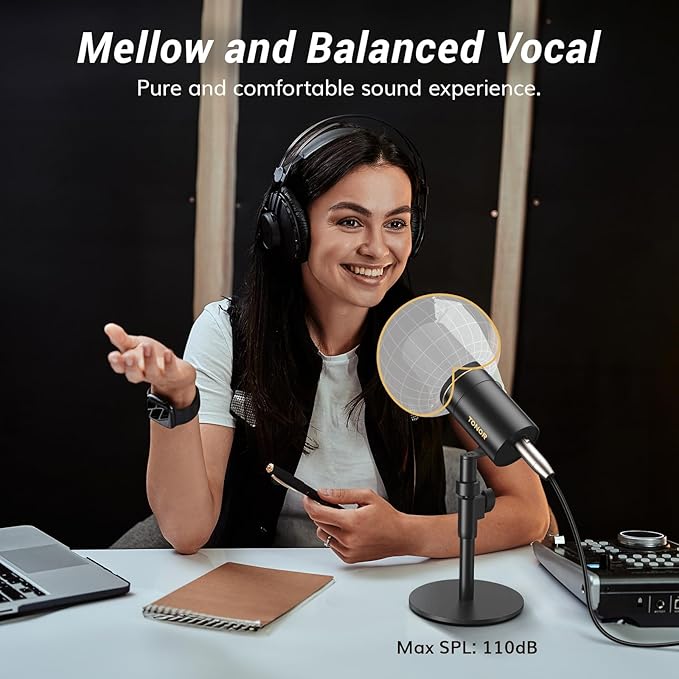TONOR Dynamic Podcast Microphone, XLR Mic for Recording, Streaming, XLR Cardioid Mic with Quick Mute, Volume Control, 200 cm/78inch Cable, with Desktop Stand, Audio Interface Needed, Black, TD520X