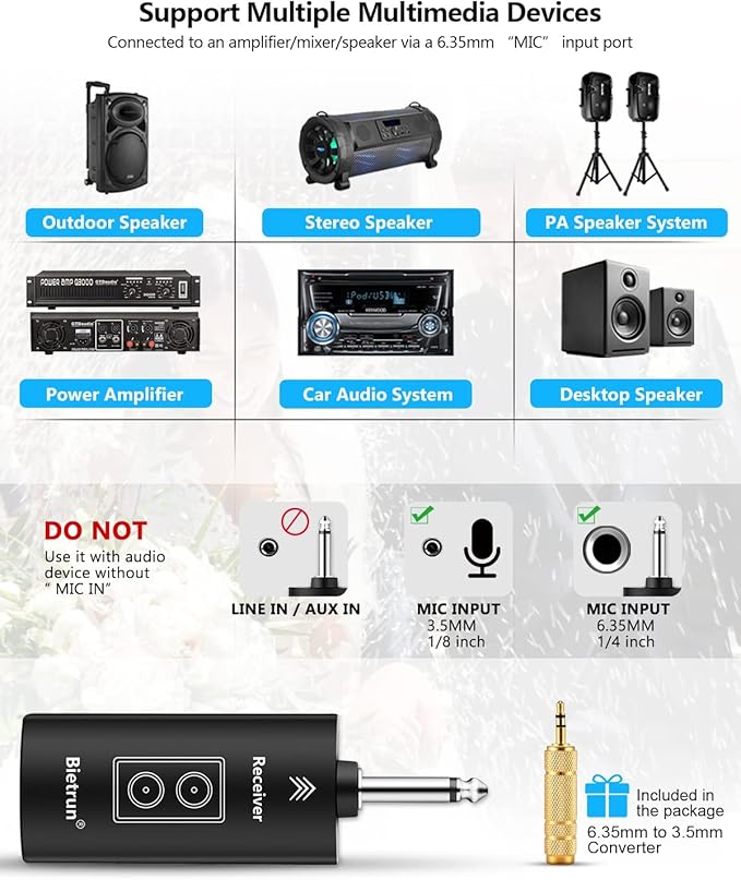 Bietrun Wireless Microphone Rechargeable, 168FT Range Bluetooth Microphone Wireless (Work 7 hrs) with 1/4'' Output, UHF Metal Handheld Dynamic Mic for Karaoke Machine/PA System/Speaker/Church/Wedding