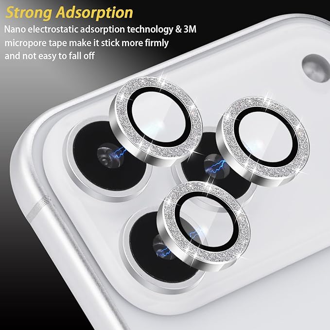 Camera Lens Protector for iPhone 17 Pro/17 Pro Max, Aluminum Alloy Tempered Glass Lens Protector with Installation Frame Fits for iPhone 17 Pro/17 Pro Max (Glitter Silver)