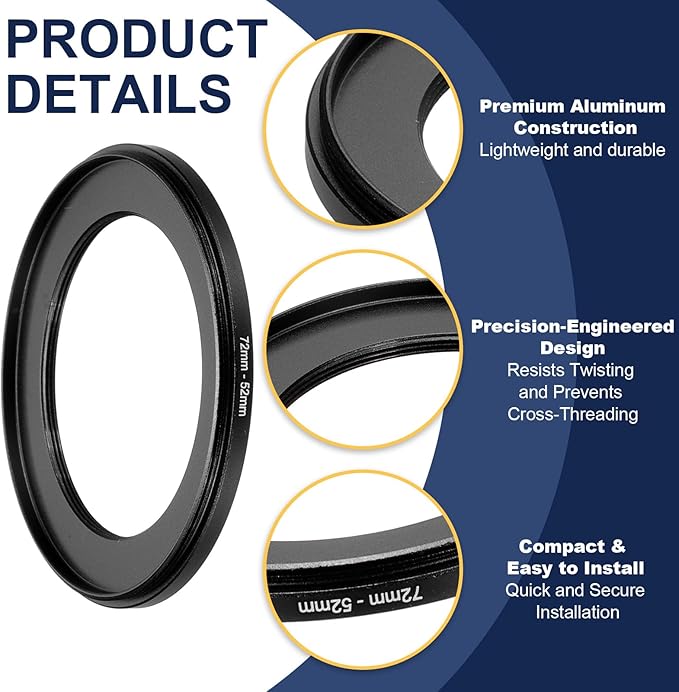 PATIKIL Step Down Ring Adapter 72mm to 52mm, 2 Pcs Filter Step-Down Rings Camera Lens Filters Metal Ring Digital for ND IR DSLR Lenses, Black