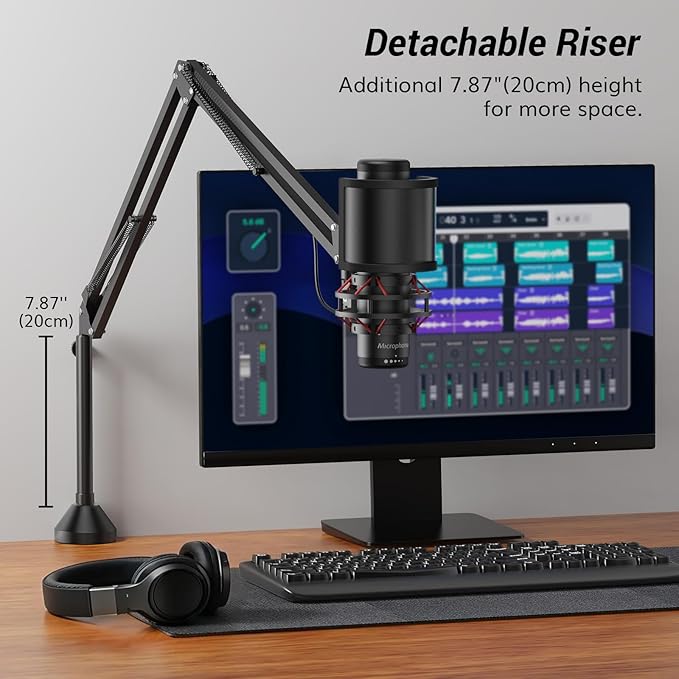 TONOR Microphone Boom Arm, Adjustable Microfono Stand Mic Arm with Extra-large Pop Filter, 3/8’’ and 5/8’’ Screwadapter, Equipment for Podcast, Recording, Streaming, 40cm+40cm+20cm Riser T10L+