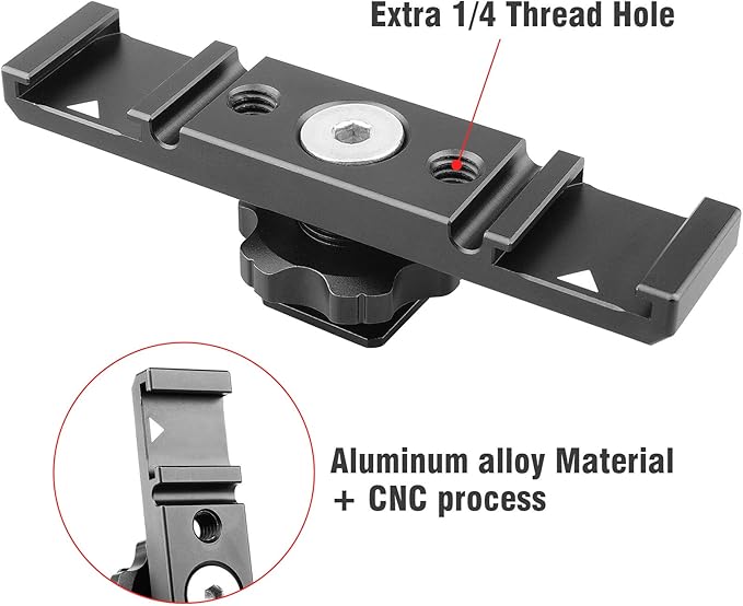Chromlives Hot Shoe Mount Bracket Dual Hot Shoe Extension Bar Aluminum Mounting Plate Adapter Double Extension Shoe for LED Video Light Screens