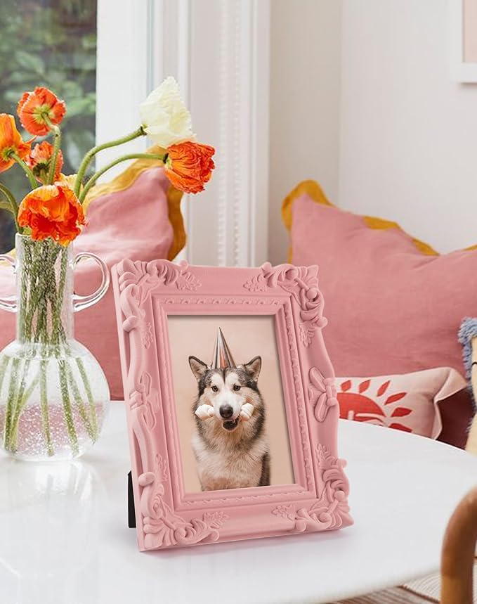 4x6 Pink Picture Frame for Drawings Prints, Small Cute Decorative Frame with Real Glass/Stand, Retro Ornate Memorial Frame Gift for Wedding Baby Shower Retirement (Light Pink)