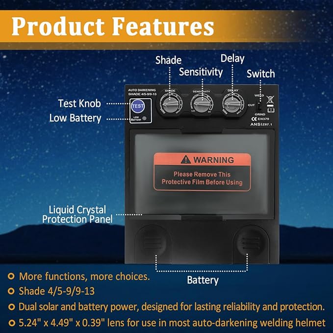 Auto Darkening Welding Lens 5.24" x 4.49"x 0.39", True Color Technology with 4 Arc Sensors, Adjustable Shade 4/5–13, Automatic Darkening Lens Replacement for Welding Helmets & Hoods
