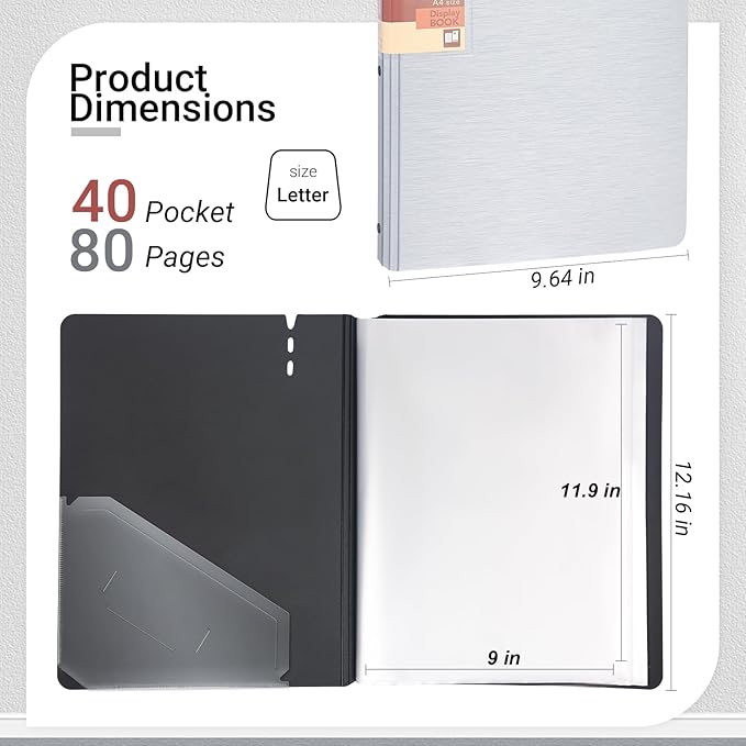 WORPSON Presentation Binder 40-Pocket, Displays 80 Pages, 9x12 inch with Plastic Sleeves, Portfolio Organizer for Documents, Certificates, Artwork, Photos, Clear Sheet Protectors (Silver, 1 Pack)