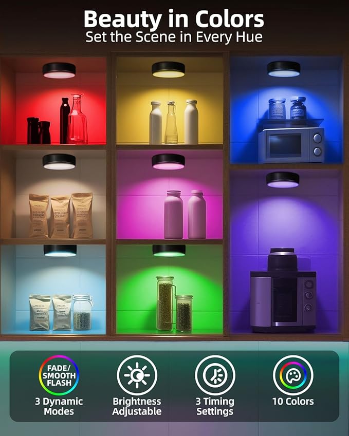 2-Pack Puck Lights with Remote, 1800mAh Rechargeable Under Cabinet Lighting, 3 Color Temps & 7 RGB Colors, Long-Lasting Dimmable Stick-On Lights for Cabinet, Kitchen, Shelf, Party