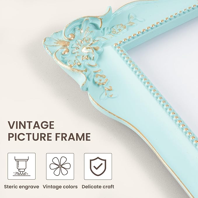 Axeman Vintage Blue Picture Frames 4x6 | Antique 4x6 Picture Frame with Real Glass | Ornate Picture Frames 4 x 6 for Wall & Tabletop Display | Retro 4 x 6 Photo Frame Blue Gold