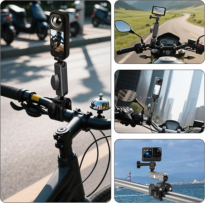Bike/Bicycle/Motorcycle Handlebar Clamp Mount for DJI Action 6/5 Pro, with 360° Dual Ball Head for Insta360 X5/X4, DJI Osmo Nano, Osmo 360, Osmo Action 4, All GoPro - Action Camera Accessories