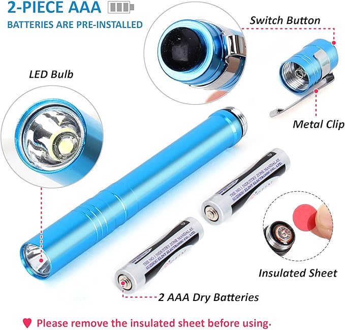 5-Pack LED Penlight Set with 10-Piece Pre-Installed Batteries, Aluminum Handheld Flashlights with Clip for Night Walks, Inspection, Emergency