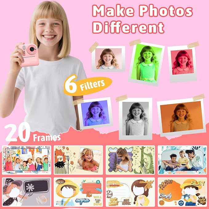 Okaloka Kids Instant Print Camera Toys,1080P HD Toddler Digital Video Camera,Christmas Birthday Gifts for Girls Boys Age 3-12 Year Old - 32G SD Card Included (Pink)