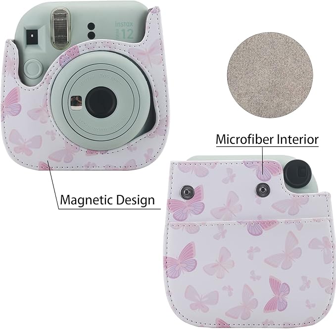 Frankmate Protective Case Fit for Fujifilm Instax Mini 12 11 9 8 Camera, PU Leather Camera Bag with Pocket and Adjustable Shoulder Strap (White Pink Butterfly)