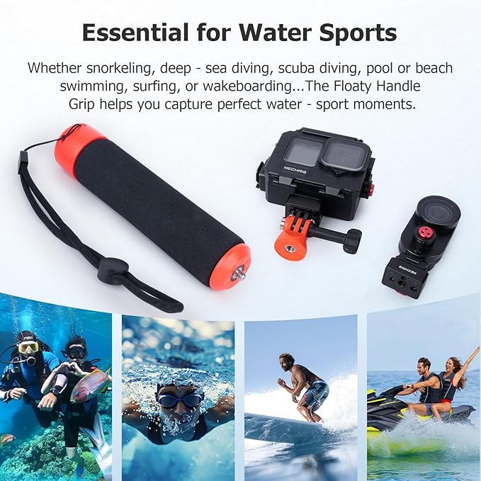 Mechrig Floating Handle Grip for GoPro Hero 12/11/10/9, Insta360 X4/X3, DJI Action 4/3 - High Buoyancy Waterproof Camera Float with Wrist Strap & Tripod Mount-933009