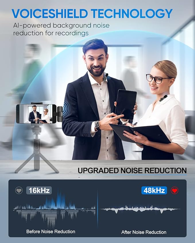 Wireless Lavalier Microphone for iPhone/Android Phone/Laptop, IUMAKEVP Plug-Play Clip on Lapel Mic with Auto Noise Reduction for Video Recording, Live Broadcast, Interview, TikTok, YouTube (2 Mics)