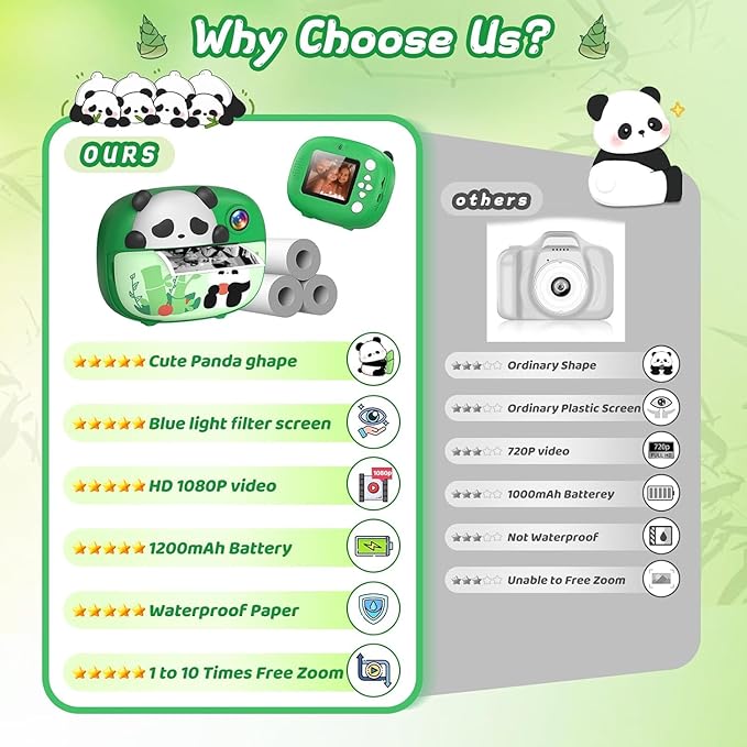 Panda Kids Camera Instant Print Photo with 32G Card, 1080P HD Video Instant Cameras Age 3-12, Digital Toddler Camera Toys with Color Pens for DIY 3-12 Year Old Girls Boys Gifts Birthday, Green
